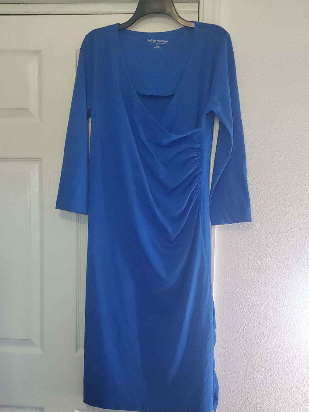 Soft Surroundings Blue Ruched Faux Wrap Midi Dress Tall Medium